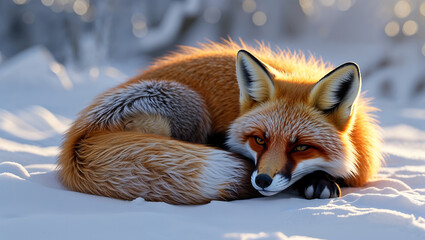 Peaceful Red Fox Curled Up in Snowy Landscape with Warm Light and Soft Focus Capturing Winter Serenity and Wildlife Beauty
