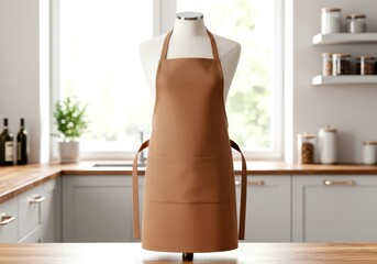 Photo of A brown apron is displayed on a mannequin in a bright, modern kitchen setting