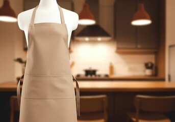 Photo of A brown apron is displayed on a mannequin in a warm, inviting kitchen interior