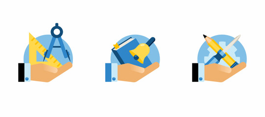 A vector set of three repair and technical support icons. Concept support and maintenance. Training, design and consulting in engineering. A set of icons in a flat style for design