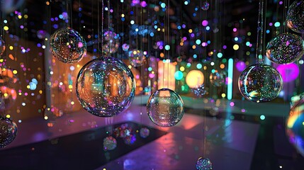 Obraz premium Colorful luminous spheres hanging in a vibrant indoor space.