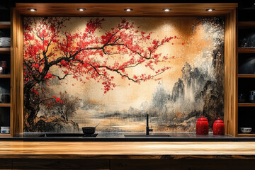A Sophisticated Minimalist Kitchen Featuring Artistic Mural