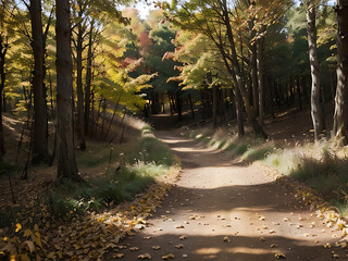Obraz premium Sunlit autumn path winding through a vibrant forest, dappled sunlight illuminating fallen leaves.