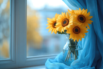 Gentle Breeze Moving Soft Light Blue Curtains at Window