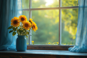 Cozy Room Bathed in Warm Sunlight and Floral Glow