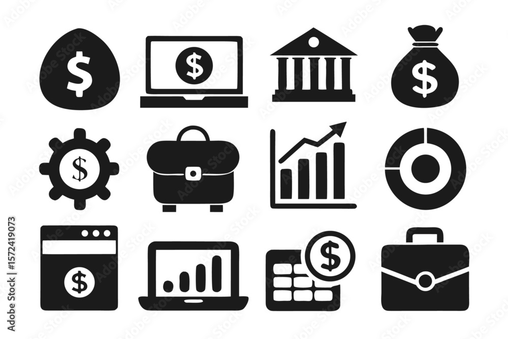 Poster comprehensive collection of black and colorful graphic elements representing financial concepts bank