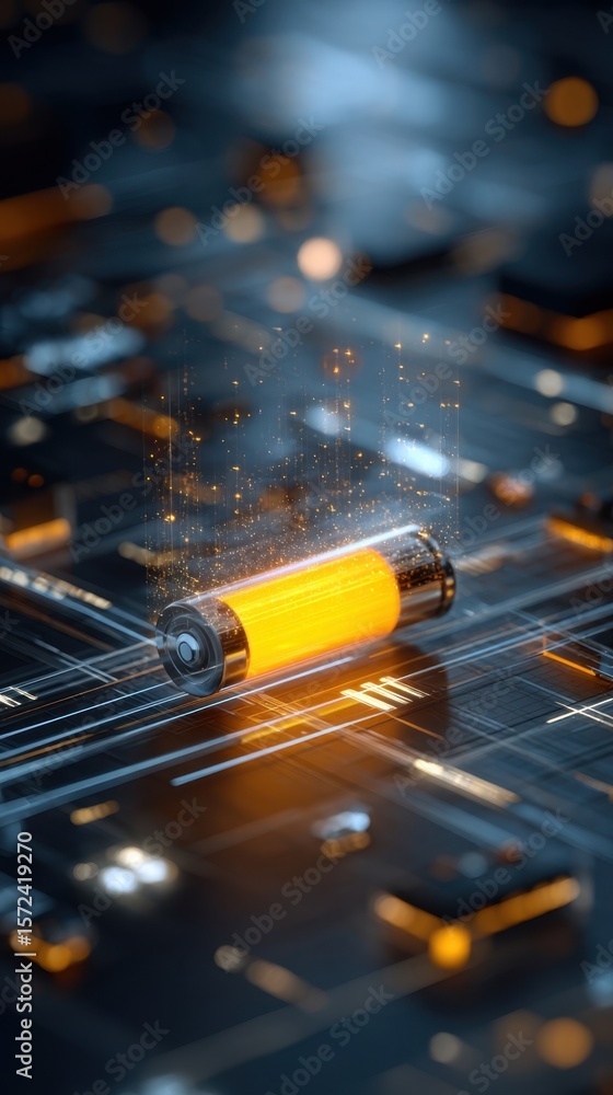 Poster conceptual scene of a glowing battery surrounded by digital elements highlighting the synergy betwee