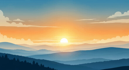 Golden August Morning Landscape with Misty Mountains and Warm Sunrise – Tranquil Minimalist Vector Background