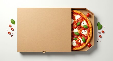 Photo of An open pizza box reveals a delicious margherita pizza with basil and tomatoes