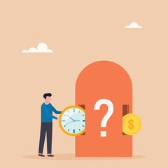 Time investment to earn money, side hustle or income, long term investment, retirement or mutual fund. The guy exchanges time for money. Vector illustration.	