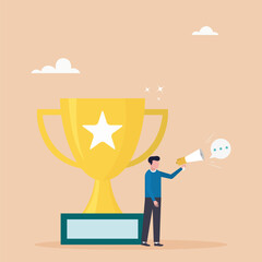Telling a story or inspiring people, aspiration concept, success story to motivate people to develop. A guy tells a success story with a megaphone with a winner's trophy.	
