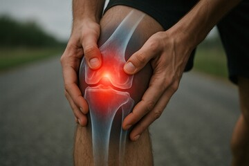 Athlete experiences intense knee pain with visible inflammation and bone structure overlay