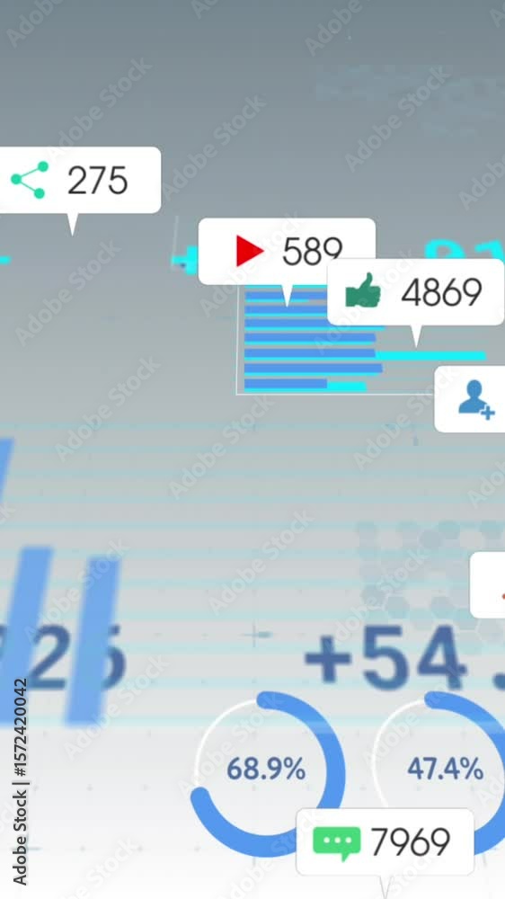 Poster animation of social media icons floating over statistical data processing against grey background