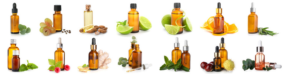 Set of different essential oils on white background