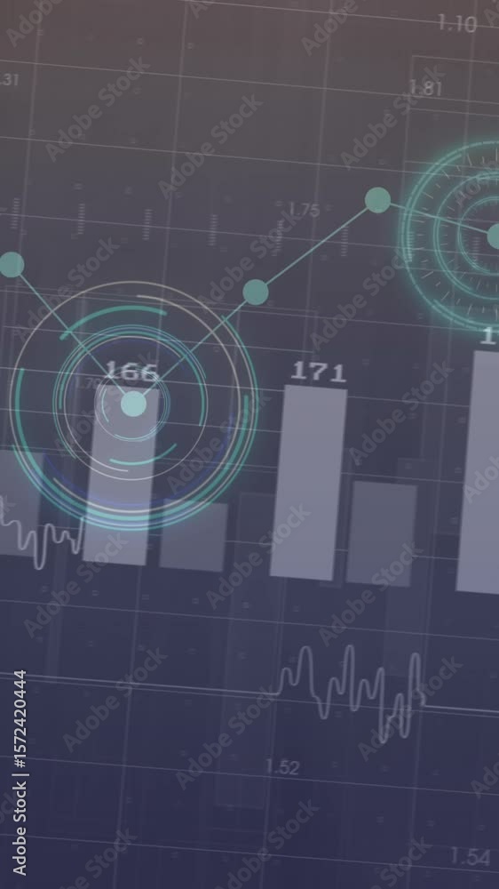 Poster Animation of multiple graphs with changing numbers over loading circles on abstract background