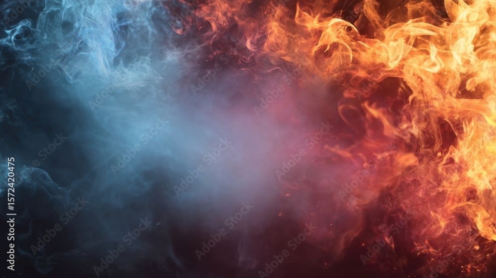 Poster bold closeup of a radiant fire frame accentuated by a veil of smoke conveying a sense of movement an
