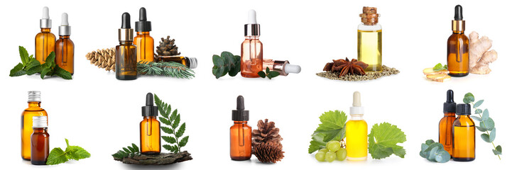 Set of different essential oils on white background