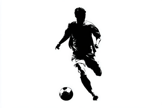 Dramatic black silhouette of a soccer player in action, running with the ball.