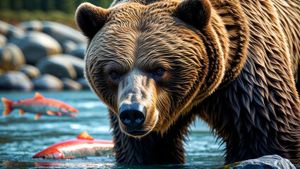 Realistic Wildlife Photography of Brown Bear in Water with Fish, Forest Background, and Natural Lighting