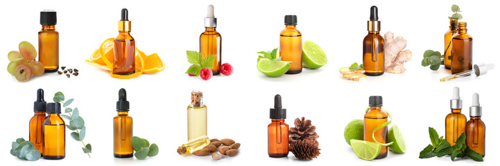Set of different essential oils on white background