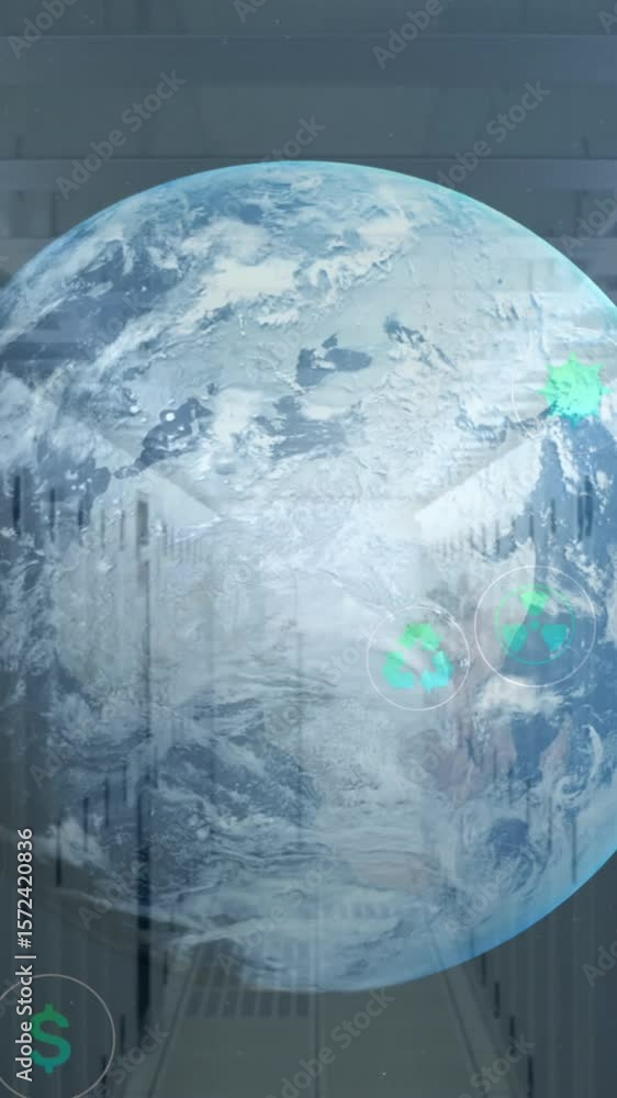 Poster animation of sustainable icons in circles and rotating globe over server room