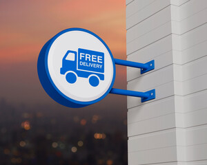 Free delivery truck flat icon on hanging blue rounded signboard over blur of cityscape on warm light sundown, Business transportation service concept, 3D rendering