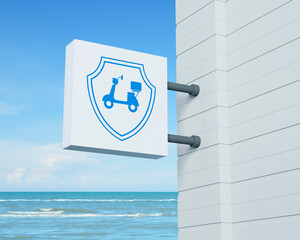 Motorcycle with shield icon on hanging white square signboard over tropical sea and blue sky with white clouds, Business motorcycle insurance concept, 3D rendering