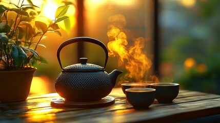 Sunrise tea set, steaming hot