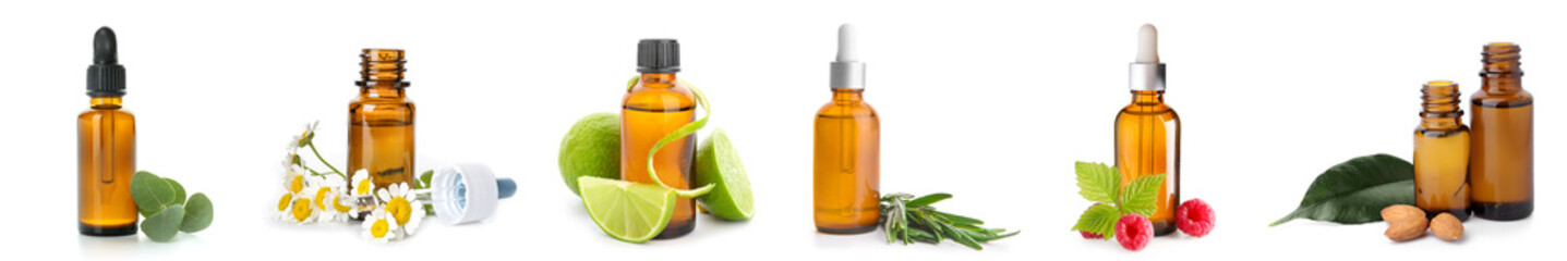 Set of different essential oils on white background