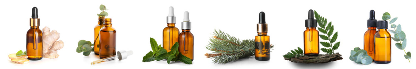 Set of different essential oils on white background