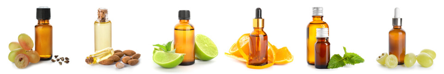 Set of different essential oils on white background