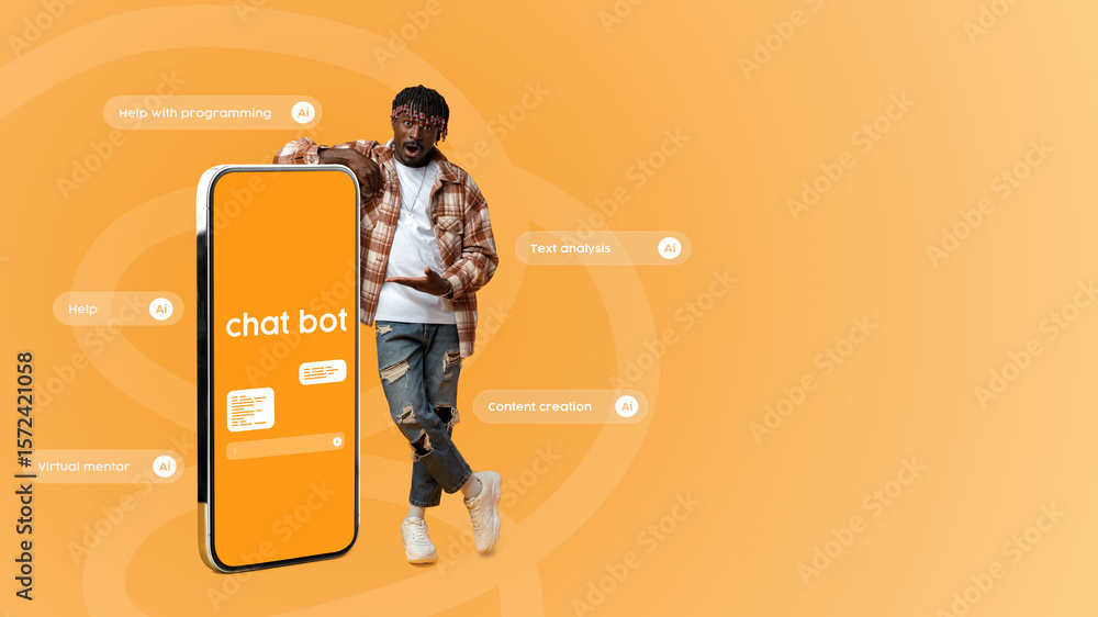 Poster man poses next to a smartphone featuring an innovative chatbot interface for various user assistance