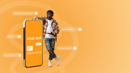 Man poses next to a smartphone featuring an innovative chatbot interface for various user...