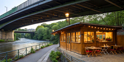 Fototapeta premium Riverside Café Nestled Beneath Charming Urban Bridge