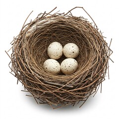 A nest woven from branches and grass, with eggs inside, isolated on a white
