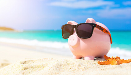 Piggy bank wearing sunglasses relaxes on tropical beach. Money saving. Financial wellness and travel
