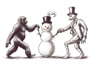 A cute winter holiday illustration of a funny cartoon snowman with a broom and a dog celebrating the season