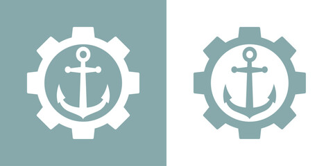 Logo nautical.  Silueta de ancla de barco con rueda dentada