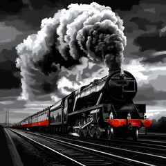A vintage steam locomotive billows smoke as it travels down a railway track through a forest, evoking a powerful sense of old-world transportation and nostalgia