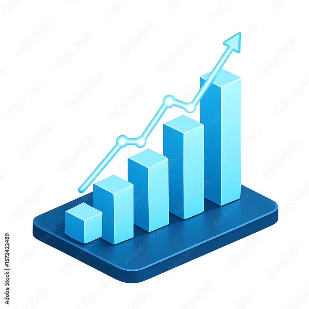 Poster 3d blue bar graph with upward trending line and arrow isolated on transparent background