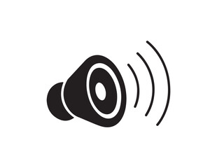 Black speaker icon with sound waves emanating outwards isolated on white background