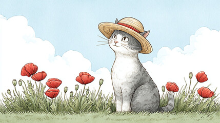 A Cat in a Hat, amidst Poppies