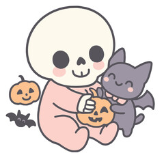 Obraz premium Adorable Skeleton and Bat Friends with Pumpkins - Halloween Illustration