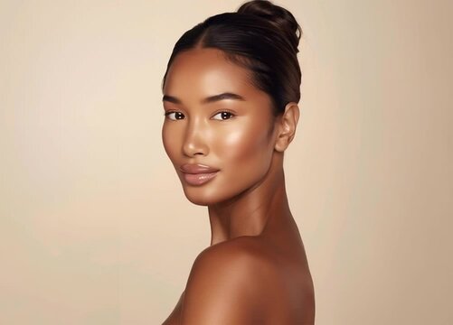 Minimalist beauty video of a woman with open eyes, hair neatly pulled back, bare shoulders, hand softly touching her collarbone, warm soft lighting, neutral background, serene and subtle facial expres