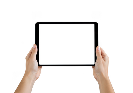 Hands holding a modern tablet device with a blank white screen isolated on transparent background