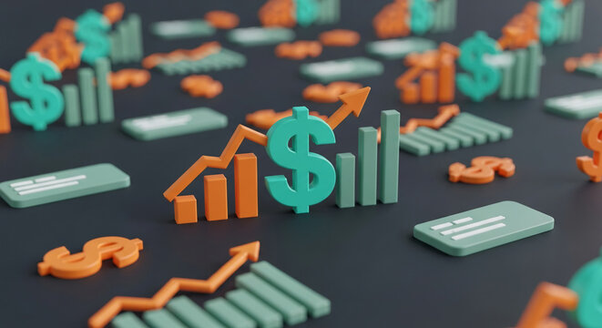 3D render of teal and orange dollar signs and bar graphs, symbolizing financial growth and success, ideal for business presentations or marketing materials