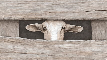 Curious Goat Peeking Through Wooden Fence