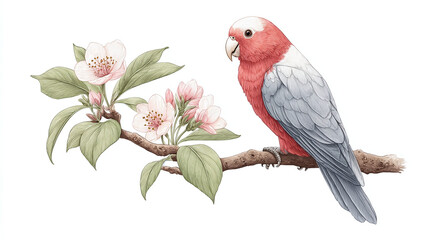 Beautiful Pink and Gray Parrot on Blossom Tree Branch