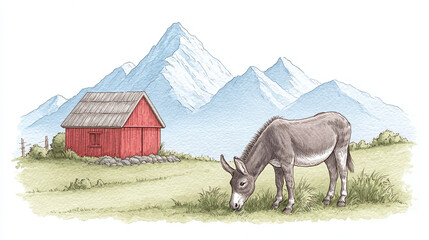 Charming Donkey by a Red Barn in a Mountainous Landscape