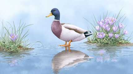 Mallard Duck by a Spring Crocus Pond